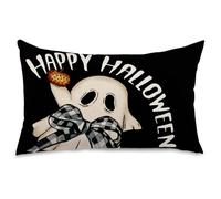 FUYUCHEN Happy Halloween Ghost Pillow Cover 12x20 Inch Boo Jack O'Lantern Buffalo Plaid Bow Throw Pillow Case for Holiday Farmhouse Decoration Sofa Couch (Black)