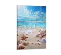 FUYUETTG Beach Starfish Canvas Wall Art, Abstract Blue Ocean Beach Scenery Painting Print on Textured Canvas, Wall Poster Artwork for Living Room Bedroom Office Decor Frame 12x18inch(30x45cm)