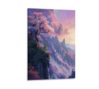FUYUETTG Beautiful Cherry Blossom Canvas Wall Art, Mountain Modern Flower Fantasy Painting Print on Textured Canvas, Wall Poster Artwork for Living Room Bedroom Office Decor Frame 12x18inch(30x45cm)