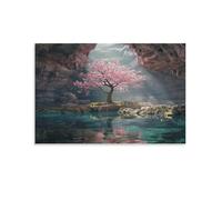 FUYUETTG Beautiful Tree Flower Canvas Wall Art, Vintage Cave Pond Natural Plant Painting Print on Textured Canvas, Wall Poster Artwork for Living Room Bedroom Office Decor Unframe 20x30inch(50x75cm)