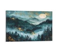 FUYUETTG Blue Mountain Canvas Wall Art, Golden Moon Vintage Nature Landscape Painting Print on Textured Canvas, Wall Poster Artwork for Living Room Bedroom Office Decor Frame 24x36inch(60x90cm)