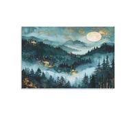 FUYUETTG Blue Mountain Canvas Wall Art, Golden Moon Vintage Nature Landscape Painting Print on Textured Canvas, Wall Poster Artwork for Living Room Bedroom Office Decor Unframe 12x18inch(30x45cm)