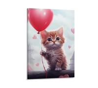 FUYUETTG Cartoon Fantasy Cat Canvas Wall Art, Animal Holding Balloon Painting Print on Textured Canvas, Wall Poster Artwork for Living Room Bedroom Office Decor Frame 08x12inch(20x30cm)