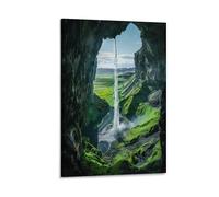 FUYUETTG Cave Waterfall Canvas Wall Art, Green Rock Natural River Modern Painting Print on Textured Canvas, Wall Poster Artwork for Living Room Bedroom Office Decor Frame 12x18inch(30x45cm)
