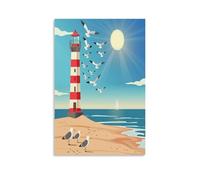FUYUETTG Colorful Lighthouse Canvas Wall Art, Nature Beach Birds Blue Ocean Painting Print on Textured Canvas, Wall Poster Artwork for Living Room Bedroom Office Decor Unframe 12x18inch(30x45cm)