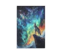 FUYUETTG Cool Wolf Canvas Wall Art, Abstract Aurora Nature Animal Painting Print on Textured Canvas, Wall Poster Artwork for Living Room Bedroom Office Decor Unframe 20x30inch(50x75cm)