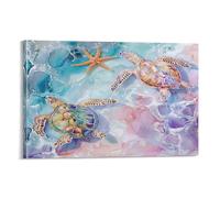 FUYUETTG Fantasy Turtle Canvas Wall Art, Colorful Ocean Starfish Cute Animals Painting Print on Textured Canvas, Wall Poster Artwork for Living Room Bedroom Office Decor Frame 16x24inch(40x60cm)