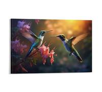 FUYUETTG Floral Hummingbird Canvas Wall Art, Pink Nature Flower Modern Animal Painting Print on Textured Canvas, Wall Poster Artwork for Living Room Bedroom Office Decor Frame 20x30inch(50x75cm)