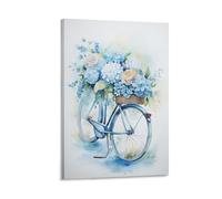 FUYUETTG Flower Bicycle Canvas Wall Art, Modern Bicycle Blue Natural Floral Painting Print on Textured Canvas, Wall Poster Artwork for Living Room Bedroom Office Decor Frame 24x36inch(60x90cm)