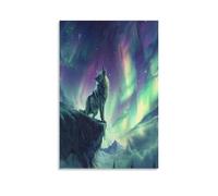 FUYUETTG Howling Wolf Canvas Wall Art, Vintage Aurora Snowy Mountain Animal Painting Print on Textured Canvas, Wall Poster Artwork for Living Room Bedroom Office Decor Unframe 08x12inch(20x30cm)