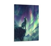 FUYUETTG Howling Wolf Canvas Wall Art, Vintage Aurora Snowy Mountain Animal Painting Print on Textured Canvas, Wall Poster Artwork for Living Room Bedroom Office Decor Frame 20x30inch(50x75cm)