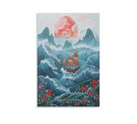 FUYUETTG Modern Boat Waves Canvas Wall Art, Asian Style Floral Mountain View Painting Print on Textured Canvas, Wall Poster Artwork for Living Room Bedroom Office Decor Unframe 24x36inch(60x90cm)
