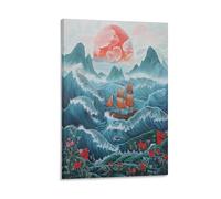 FUYUETTG Modern Boat Waves Canvas Wall Art, Asian Style Floral Mountain View Painting Print on Textured Canvas, Wall Poster Artwork for Living Room Bedroom Office Decor Frame 16x24inch(40x60cm)