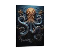 FUYUETTG Modern Octopus Canvas Wall Art, Retro Animal Fun Creature Ocean Painting Print on Textured Canvas, Wall Poster Artwork for Living Room Bedroom Office Decor Frame 08x12inch(20x30cm)