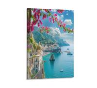 FUYUETTG Modern Seaside Canvas Wall Art, Pink Floral Coastal Building Landscape Painting Print on Textured Canvas, Wall Poster Artwork for Living Room Bedroom Office Decor Frame 20x30inch(50x75cm)