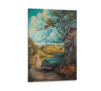 FUYUETTG Modern Truck Canvas Wall Art, Log Cabin Woods Forest Cars Painting Print on Textured Canvas, Wall Poster Artwork for Living Room Bedroom Office Decor Frame 12x18inch(30x45cm)