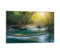 FUYUETTG Modern Waterfall Canvas Wall Art, Abstract Stream Forest Sunrise Painting Print on Textured Canvas, Wall Poster Artwork for Living Room Bedroom Office Decor Frame 16x24inch(40x60cm)