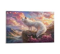 FUYUETTG Mystery Fox Canvas Wall Art, Fantasy Rustic Animal Flower River Painting Print on Textured Canvas, Wall Poster Artwork for Living Room Bedroom Office Decor Frame 12x18inch(30x45cm)