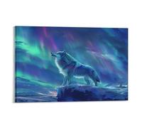 FUYUETTG Northern Lights Wolf Canvas Wall Art, Nature Aurora Snowy Mountain Animal Painting Print on Textured Canvas, Wall Poster Artwork for Living Room Bedroom Office Decor Frame 20x30inch(50x75cm)