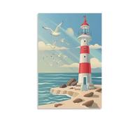 FUYUETTG Rustic Ocean Lighthouse Canvas Wall Art, Flying Birds Beautiful Ocean Painting Print on Textured Canvas, Wall Poster Artwork for Living Room Bedroom Office Decor Unframe 12x18inch(30x45cm)