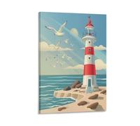 FUYUETTG Rustic Ocean Lighthouse Canvas Wall Art, Flying Birds Beautiful Ocean Painting Print on Textured Canvas, Wall Poster Artwork for Living Room Bedroom Office Decor Frame 20x30inch(50x75cm)