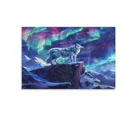 FUYUETTG Snowy Mountain Wolf Canvas Wall Art, Colorful Aurora Landscape Painting Print on Textured Canvas, Wall Poster Artwork for Living Room Bedroom Office Decor Unframe 16x24inch(40x60cm)