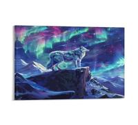 FUYUETTG Snowy Mountain Wolf Canvas Wall Art, Colorful Aurora Landscape Painting Print on Textured Canvas, Wall Poster Artwork for Living Room Bedroom Office Decor Frame 16x24inch(40x60cm)