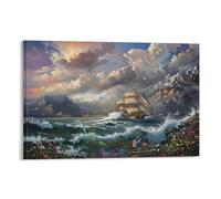 FUYUETTG Vintage Boat Canvas Wall Art, Nature Nautical Birds Coastal Flowers Painting Print on Textured Canvas, Wall Poster Artwork for Living Room Bedroom Office Decor Frame 20x30inch(50x75cm)