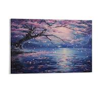 FUYUETTG Vintage Cherry Blossoms Canvas Wall Art, Watercolor Floral Lake Landscape Painting Print on Textured Canvas, Wall Poster Artwork for Living Room Bedroom Office Decor Frame 24x36inch(60x90cm)