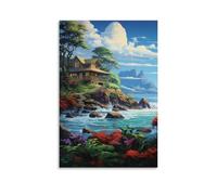 FUYUETTG Vintage Ocean Canvas Wall Art, Tropical Forest Plants Coastal Landscape Painting Print on Textured Canvas, Wall Poster Artwork for Living Room Bedroom Office Decor Unframe 12x18inch(30x45cm)