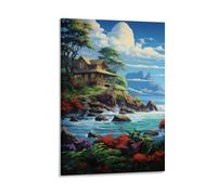 FUYUETTG Vintage Ocean Canvas Wall Art, Tropical Forest Plants Coastal Landscape Painting Print on Textured Canvas, Wall Poster Artwork for Living Room Bedroom Office Decor Frame 12x18inch(30x45cm)