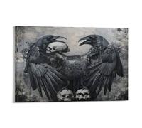 FUYUETTG Vintage Raven Skull Canvas Wall Art, Black Bird Animal Horror Painting Print on Textured Canvas, Wall Poster Artwork for Living Room Bedroom Office Decor Frame 16x24inch(40x60cm)