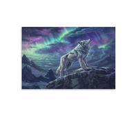 FUYUETTG Vintage Wolf Canvas Wall Art, Beautiful Aurora Mountain Landscape Painting Print on Textured Canvas, Wall Poster Artwork for Living Room Bedroom Office Decor Unframe 20x30inch(50x75cm)