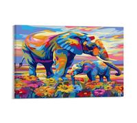 FUYUETTG Watercolor Elephant Canvas Wall Art, Colorful Animal Rustic Flower Painting Print on Textured Canvas, Wall Poster Artwork for Living Room Bedroom Office Decor Frame 08x12inch(20x30cm)