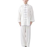 FUYUFU Cotton and Linen Tai Chi Uniform Clothing Unisex Kung Fu Clothing for Martial Arts (One Set) (White Grey Edge/Long Sleeves, L)