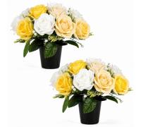 Fuyuleyo 2 Pack Artificial Grave Flowers in Pots, 30cm Silk Flowers for Graves Memorial Cemetery Flower, Weatherproof UV Resistant Funeral Arrangements for Outdoor Graveside Ornaments, Yellow