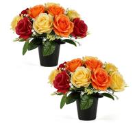 Fuyuleyo 2 Pack Artificial Grave Flowers in Pots, 30cm Silk Flowers for Graves Memorial Cemetery Flower, Weatherproof UV Resistant Funeral Arrangements for Outdoor Graveside Ornaments, Orange