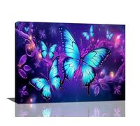 Fuzawet Butterfly Wall Art Blue Butterfly Pictures Wall Decor Purple Blue Butterflies Painting Canvas Prints Framed Modern Home Artwork for Living Room Bedroom Office 16""x12""