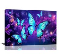 Fuzawet Large Butterfly Wall Art Blue Butterfly Pictures Wall Decor Purple Blue Butterflies Painting Canvas Prints Framed Modern Home Large Artwork for Living Room Bedroom Office 24""x16""