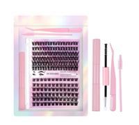 FUZHAN 126PCS C Curl Mixed Cluster Lashes 10-14mm - European Style Fluffy DIY Lash Extension Kit with 2-in-1 Glue Pen & Tweezer (PINK-DIY-SET-020)