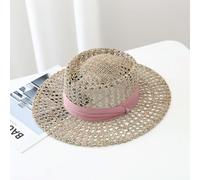 FUZHIK New Flat top Raffia Ribbon straw hat Summer women's caps pearl beach sun hats Solid color Broken edge fashion Solid color