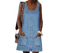 FUZUAA Dungarees Skirt Women Short Dress Denim Dungarees Sleeveless Denim Dress Overall Plus Size Jumpsuit with Suspenders and Pockets (Color : Blue, Size : XL)