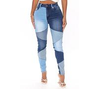 FUZUAA Stretchy Patchwork Jeans Women Trendy Elastic Waist Two Tone Jeans Denim Pants (Color : Blue, Size : L)