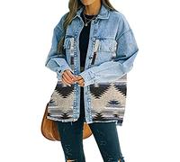 FUZUAA Women's Casual Aztec Button Down Denim Jacket Oversized Distressed Shirt Shacket (Color : Blue, Size : XL)
