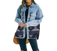 FUZUAA Women's Casual Aztec Button Down Denim Jacket Oversized Distressed Shirt Shacket (Color : Dark Blue, Size : XL)