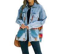 FUZUAA Women's Casual Aztec Button Down Denim Jacket Oversized Distressed Shirt Shacket (Color : Orange, Size : L)