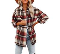 FUZUAA Womens Casual Brushed Plaid Shirts Long Sleeve Flannel Lapel Button Down Shacket Jacket Coats (Color : Red, Size : L)