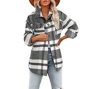 FUZUAA Womens Casual Brushed Plaid Shirts Long Sleeve Flannel Lapel Button Down Shacket Jacket Coats (Color : Gray, Size : 3XL)