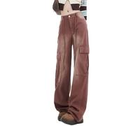FUZUAA Womens High Waisted Pants Y2k Punk Indie Denim Jeans Baggy Goth Vintage Cargo Jeans E-Girl Streetwear (Color : Brown, Size : M)