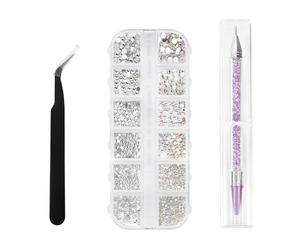FUZVOL 1728 PCS Rhinestones for Nail Art AB Clear Crystal Nail Gems Diamonds 6 Sizes Flat Back Gems with Tweezers, Rhinestone Picker Dotting Pen, Glue for Nail Crafts Clothes Art